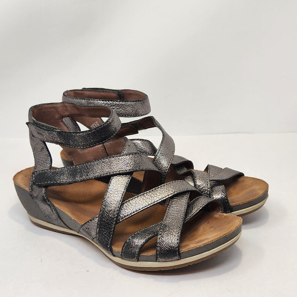 Dansko Veruca Graphite Metallic Leather Gladiator Sandals Women Size 38 US 7.5